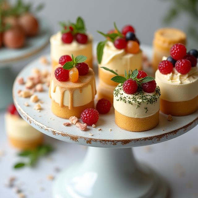 Bandeja de postres artesanales con frutas y acentos botánicos