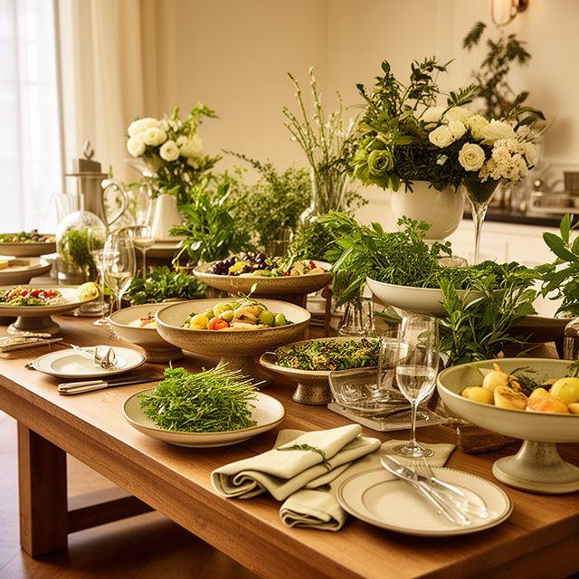 Estación de catering elegante con vajilla artesanal y flores verdes