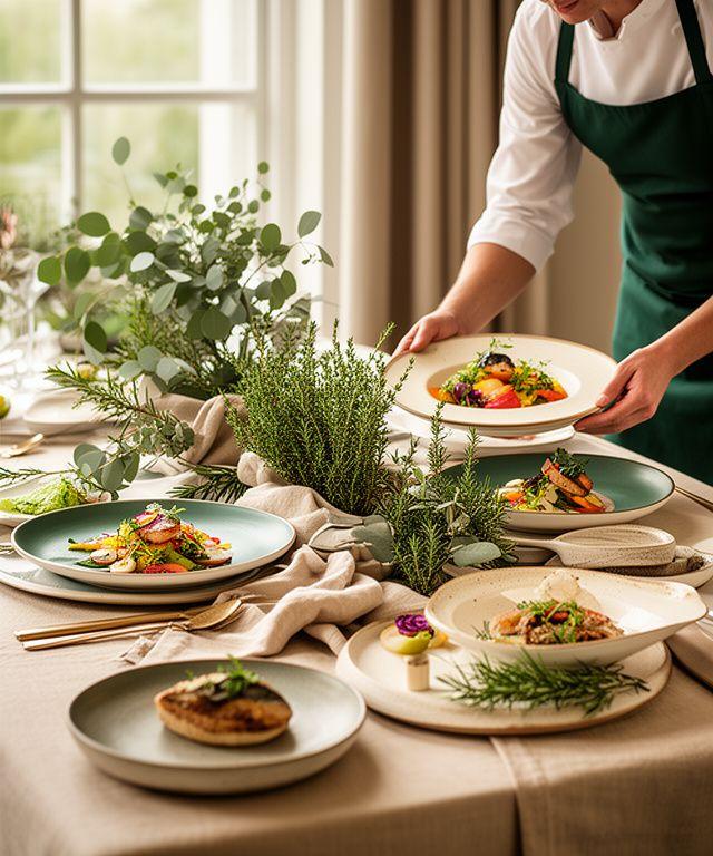 Mesa de catering elegante con hierbas frescas y platos de temporada